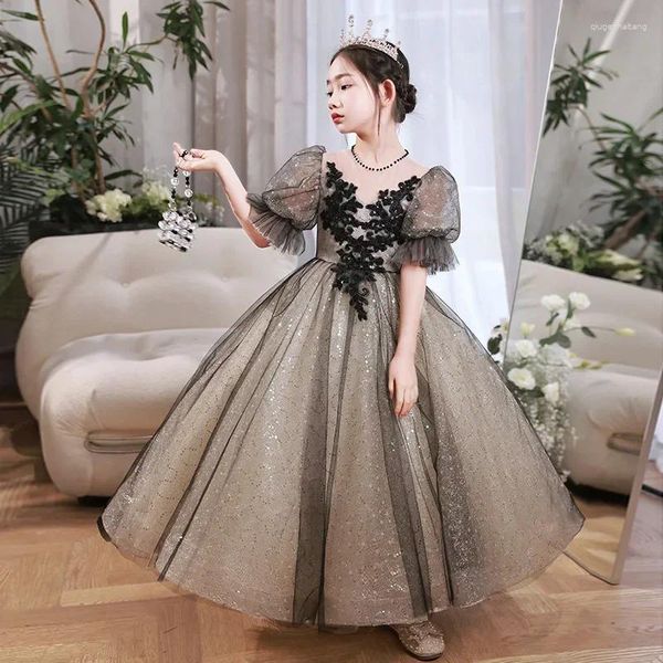 Kız Elbise Siyah Gece Elbise 2024 Bahar Tatlı Doğum Günü Prenses Çiçek Host Piyano Performansı