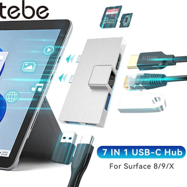 Hubs Tebe 7 in 1 USBC -Dockingstation für Surface Pro 8/9/X Dual Typec bis 4K Hdmiadapter Gigabit RJ45 SD/TF -Kartenleser Hub