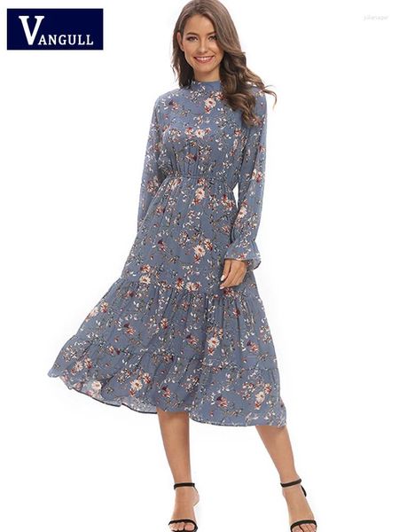 Vestidos casuais Vangull Summer Floral Chiffon Blue Dress Mulheres O-Goba O-Polva longa Lotus folha feminina feminina de comprimento A-line