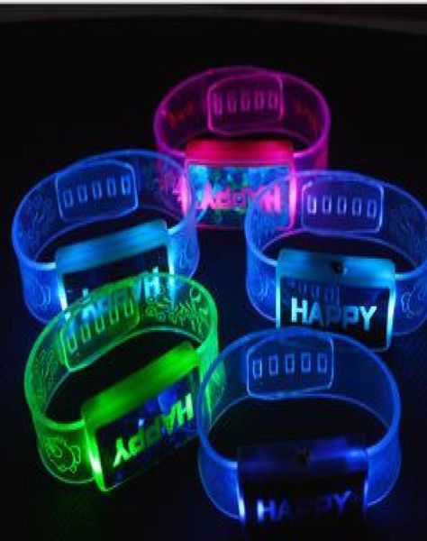 LED Rave Toy Happy Word Blinkes Armband Glow Bangles Bands Jelly Bracelets 80S 80039s Kostüm Kid Party Favours Geschenke 3585522