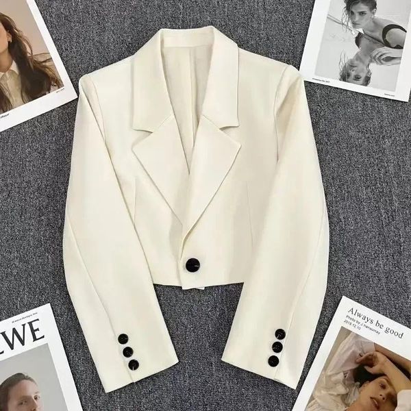 Kadınlar takım elbise moda kırpılmış beyaz blazer kadınlar bahar sonbahar tek düğme ofis blazers kadın kore uzun kollu kısa ceket bayanlar