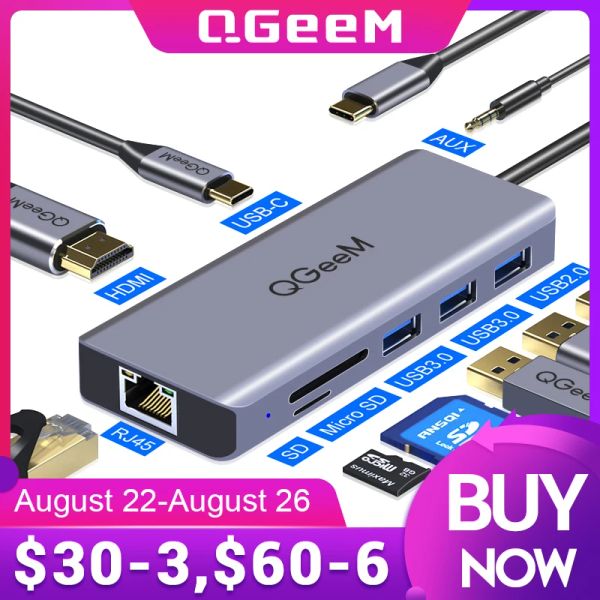 Hubs QGEEM USB C HUB для MacBook Pro Air HDMI VGA Micro SD -карт считывателей RJ45 AUX PD OTG Multi USB HUB Type C 3.0 Адаптер для ноутбука