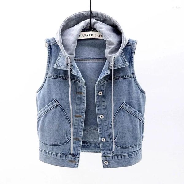 Frauenwesten Denim Weste Frauen kurz 2024 Frühlingshaube große Taschenhülsen und Jacke All-Match Slim Top Strickjacken S-XXL Wintermantel