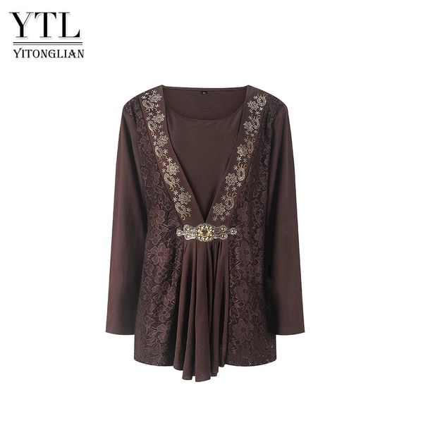 Yitonglische Damen Vintage Bronze Luxry Spitzen Hemden Plus Size 6xl 7xl 8xl Langarm Herbst Casual Tunic Tops W132 240419