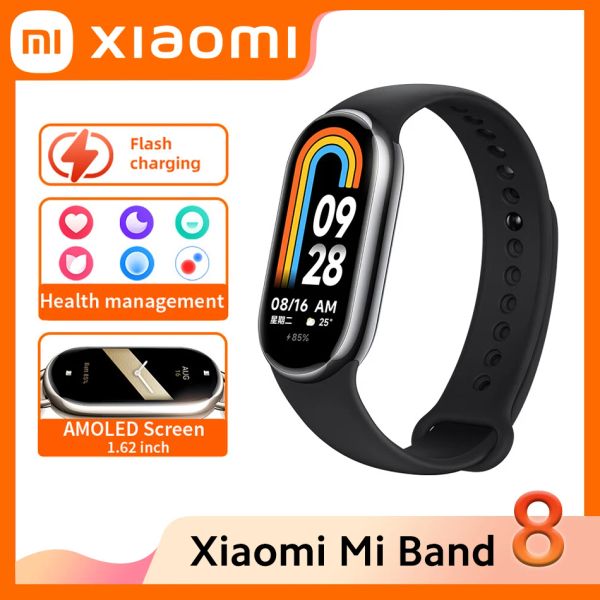 Gadgets Novo Xiaomi Mi Band 8 Braceletes inteligentes freqüência cardíaca Oxigênio de oxigênio fiess bluetooth impermeabilizante sem NFC 7 tela amoled colorida