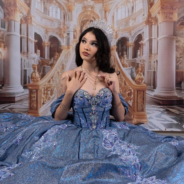 Роскошные темно -синие блестящие бальные платья Quinceanera платья аппликация кружевные бусины Хрустальные свадебные платья для свадебного платья Vestidos 15 de