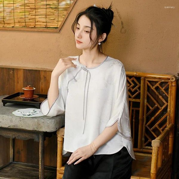 Camisetas femininas johnature mulheres vintage jacquard camisetas O-pescoço sete camisetas de manga 2024 Botão de estilo chinês de verão solto solto
