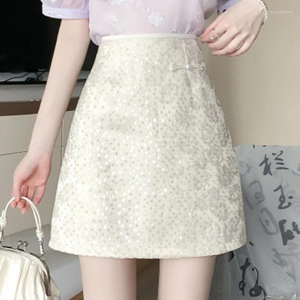 Saias 2024 Primavera de lantejoulas chinesas de primavera de cintura alta feminina versão coreana moda e mini-line casual