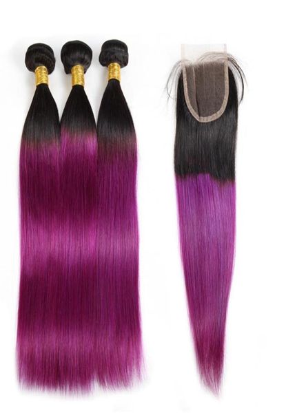 Ombre color hail tece extensões de cabelo peruano 3bundles com fechamento t1b27 t1b99j onda corporal