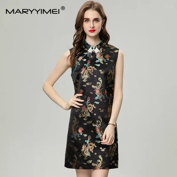 Vestidos casuais Maryyimei Fashion Stand-up Stand-up Collar Diamond Diamond Sleeless Tank Jacquard Print Vintage Summer Black Mini