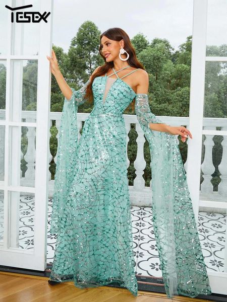 Lässige Kleider yesexy grüne Luxus-Pailletten Promi-Kleid sexy Spaghetti-Armband A-Line Glitter Lady Prom Party Kleid Abend