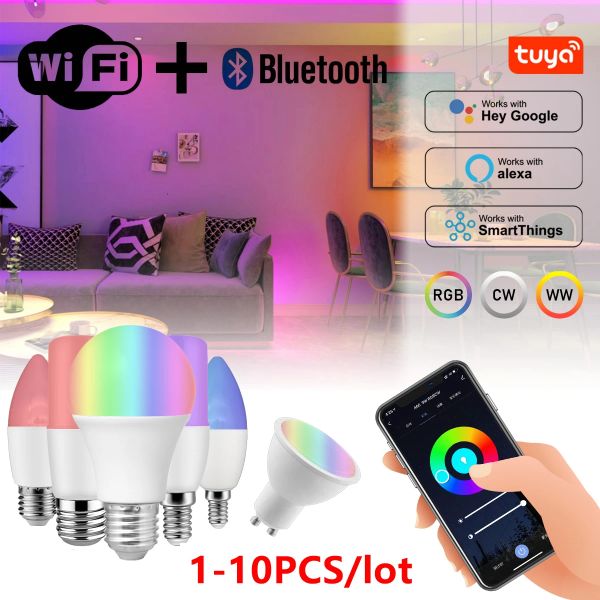 Контроль Tuya Rgb Smart Light Light Dimble Gu10 C37 A60 T37 E14 E27 B22 Wi -Fi светодиодная магическая лампа AC 110V 85V265V Работа с Alexa Google Home