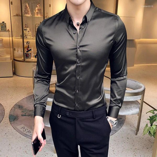 Camisas casuais masculinas 2024 decote bordado de manga comprida camisa de vestido esbelto cor sólida