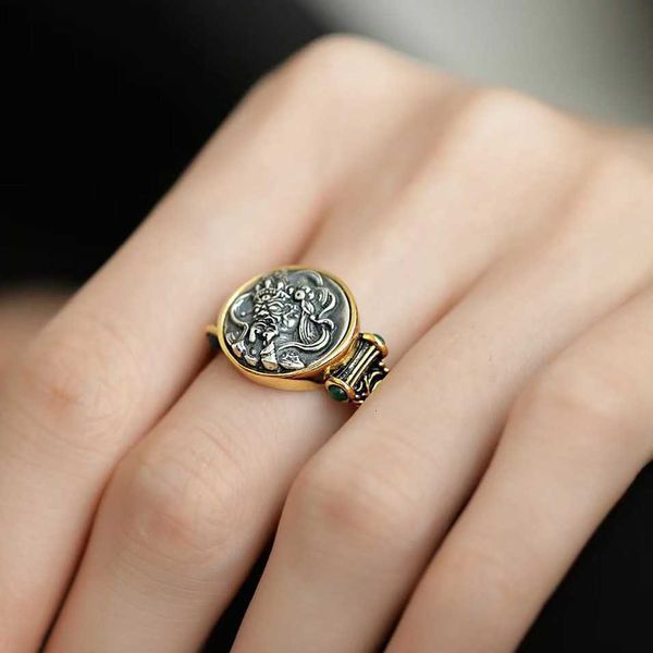 Einzigartiges Design Tibetaner Maske Göttin Ring Verstellbarer offener Ring S925 Silberring für Männer Frauen