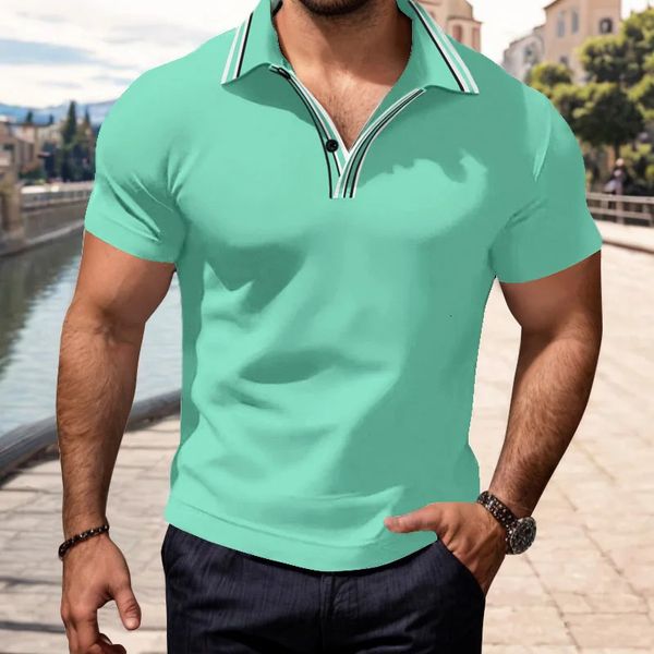 Herren Sommer kurzärmeliges Lappel 3D Digital bedrucktes Polo -Hemd mit gefälschten Taschenschnalle Herren Business Casual Reißverschluss Top 240419