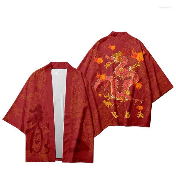 Этническая одежда мода красная китайская китайская печать кимоно кимоно -хаори летние кардиганские женщины Мужчины негабаритные юката плюс размер