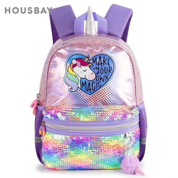 Mochilas de sacolas para meninas 36t holográfico a laser lasas Rainbow Unicorn Infantil Sacos de jardim de infância infantil Kids Antilost Small Bags