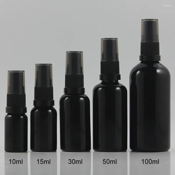 Garrafas de armazenamento atacado 50ml Shiny Black Travel Bottle Recilabilable Perfume com empacotamento de bomba de soro de spray/loção para atomizador