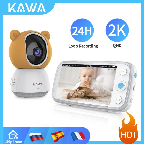 Monitora o monitor Kawa 2k Baby com câmeras de áudio Nanny Wireless Câmera com 4000mAh Bateria de 5 polegadas TF TF Night Vision 360 °