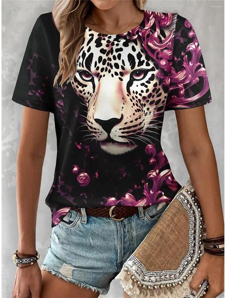 Camas de camisa feminina camiseta tee leopardo diário fim de semana imprimir amarelo manga curta moda tripulação colar camiseta harajuku para meninas