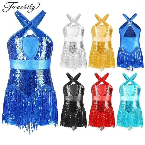 Stage Wear Girls Girls Sparkly Sparkins Latin Dance Dança Frilhão Bodysuit Tassel Leotard Performance Costume Tango Cha-Cha Dancing Jazz Dancewear