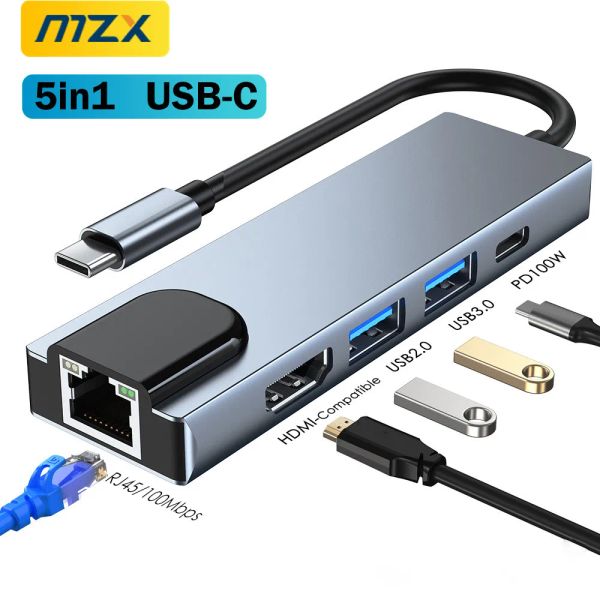 Hubs MZX 5 em 1 Estação de ancoragem tipo C para hdmicompatible RJ45 Ethernet 100m Dock USB Hub 3 0 2.0 3.0 Adaptador de extensão de concentrador