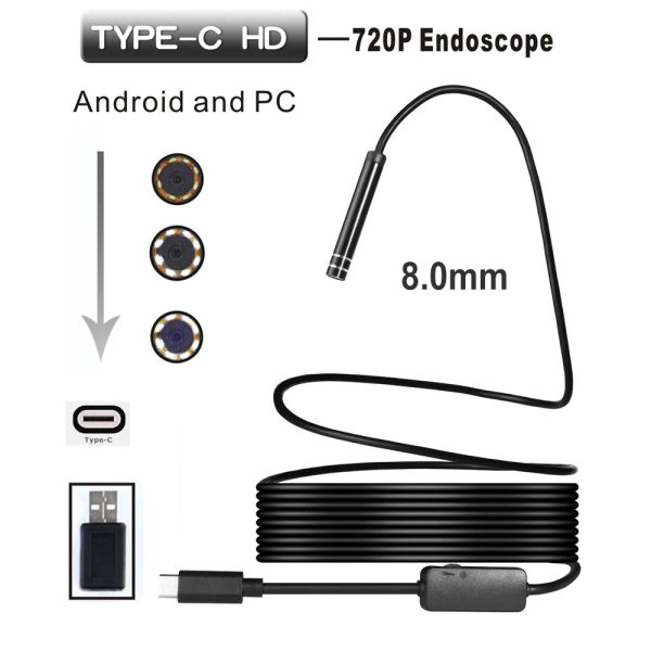 Kameras 720p 8mm Objektiv Typec USB Endoskop Boorscope Rohr wasserdichte Inspektion Endoskop Mini -Kamera für Android -Phone Windows PC