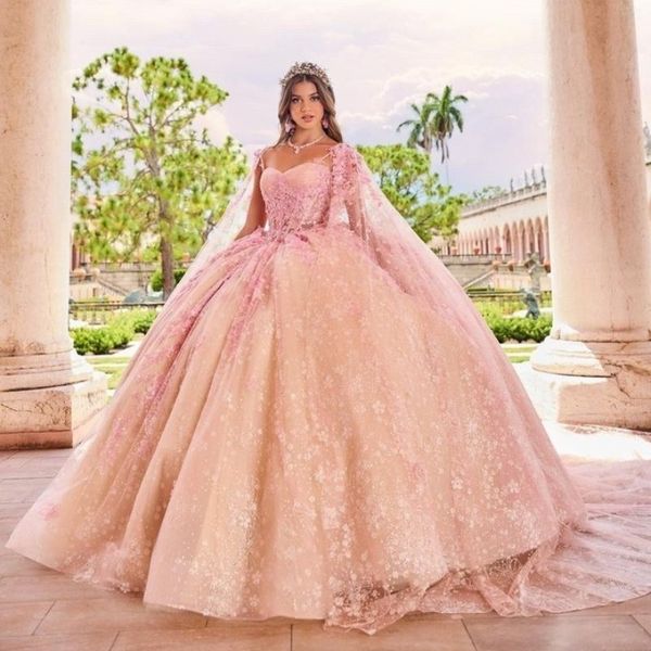 Princesa rosa claro do ombro Quinceanera Appliques Beading Tull Sweetheart com vestidos de baile de capa vestidos de 15 Anos