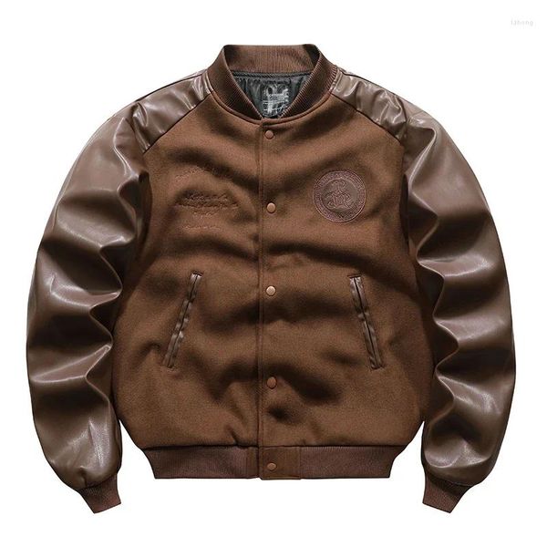 Jackets de caça homens bordados de retalhos de lã jaqueta de lã de lã de couro retrô piloto casual casual pU baseball casaco macho