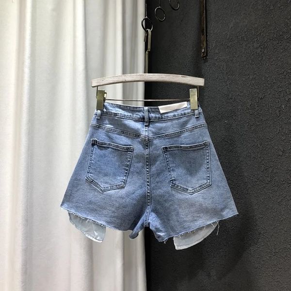 Kadınlar yaz gevşek geniş bacak a-line denim şort sokak kıyafeti harf ince pantolonlar zip açık mavi gündelik kısa kot kadın S-XL 240418