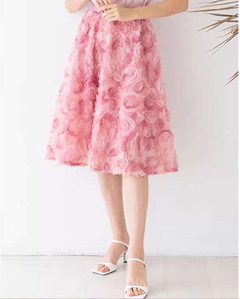 Frauen Neue Design Mode französischer Stil elastischer Taille elegante rosa Rose Blume Gaze Ballkleid Knie Länge Rock SML