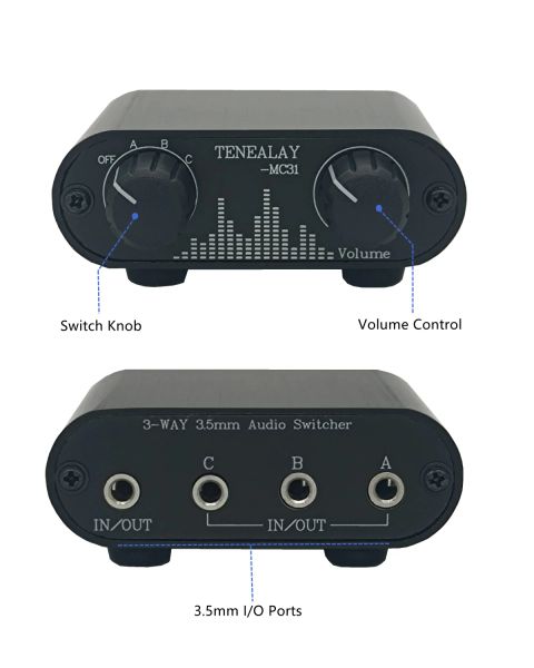 O interruptor de áudio de 3,5 mm de amplificador com o controlador de volume de linha 3 em 1 out 1/8 