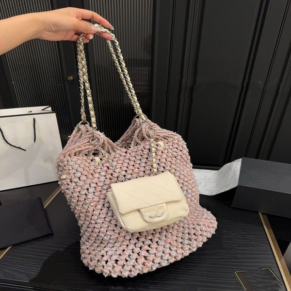 Outdoor Pink Milk Tea Colored Mesh Bag Mutter Kinderpaket Frauen Sommerhandtasche Schulter Kette Luxus Designer Marke Crossbody Weibliche Strandtasche mit Mini -Tasche