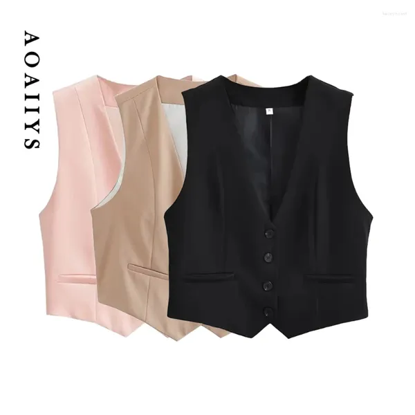 Frauenanzüge Aoaiiys Blazer Weste für Frauen geschnittene Weste Pink Mode vorne Tops Vintage v Hals Ärmel und Außenbekleidung Chic Westen