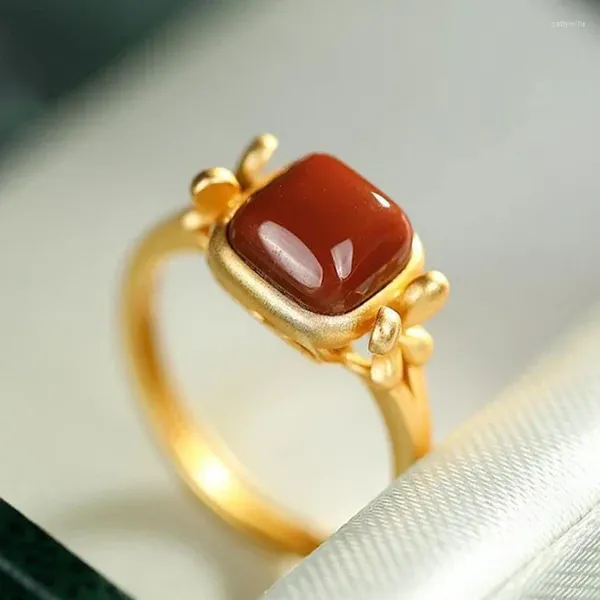 Кластерные кольца древнее золотое мастерство квадрат бабочка на юге красного турмалинового открытого кольца ретро -корт стиль шарм женские украшения