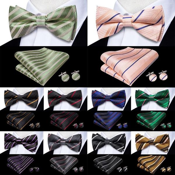 Bow Ties Hi-Tie Pea Yeşil İpek Erkek Çizgili Ön Bağlamalı Kravat Hanky ​​Kollinler Erkek Düğün İşletme İçin Kelebek Knot Bowtie Set