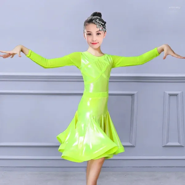 Sahne Giyim Kızlar Uzun Kollu Latin Dans Elbisesi Neon Patent-Derect Yansıtıcı Balo Salonu Giysileri Çocuklar İçin Kostüm