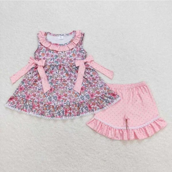 Kleidung Sets Rose Red Flowers Tunika Top Ruffle Shorts Mädchen Sommerkleidung Set Großhandel Kinder RTS Boutique