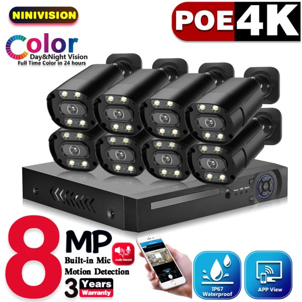 Lente Full Color Night Vision 4K IP Poe Sistema de câmera Kit Home Street Monitoramento de áudio de 2 vias 8CH 4K Face AI NVR Video Video Recorder