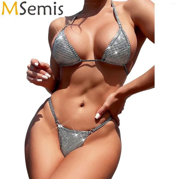 Costumi da bagno femminile femminile luccicante brasiliano monokini mono biquini costume da bagno metallico micro bikini halter triangolo tazza di reggiseno con slip