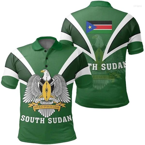 Herren Polos Afrika Südsudan Karte Flag 3D Gedruckte Polo -Hemden für Männer Nationales Emblem Kurzarm Patriotische Mantel von Waffenhemd Trikot