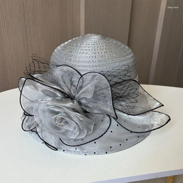 Beretti Elegante cappello da bombetta per ragazze Fistinata affascinante con grande fiore Summer Wide Brimmed