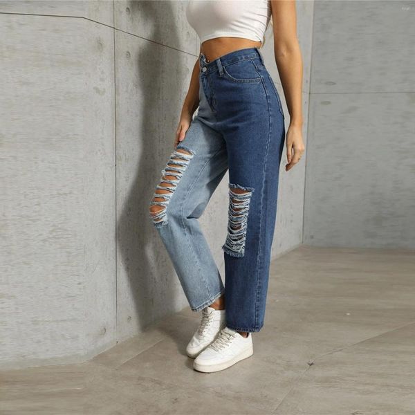 Jeans femininos de cintura alta magra de jeans sólidos de jeans de cintura de perna reta nas nádegas largas rasgadas da vida cotidiana calças