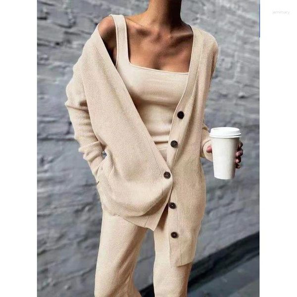 Zweiteilige Hosen der Frauen gestrickt drei Setweste und Long Woman gegen Neck Cardigan Mantel Herbst 2024 Tanktop Lose Hosen Outfits 28657