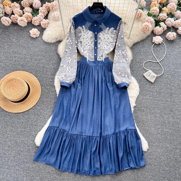 Lässige Kleider elegant Herbst Herbst weiches Denim Single Breasted Shirt Kleid für Frauen Puppenkragen Blau Plaid Print Patchwork Cowboy Midi Vestidos