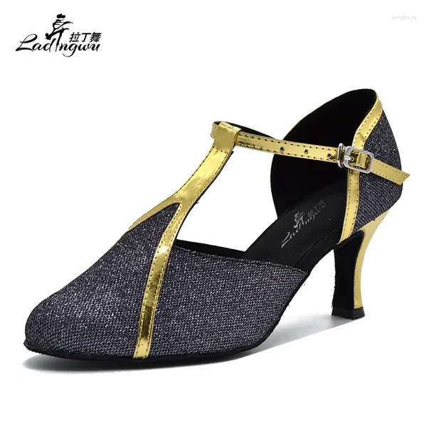 Scarpe da ballo Ladingwu Brand Black Flash Cloth e Golden PU High Heels Telva Latina Salsa Dimensione 35-44