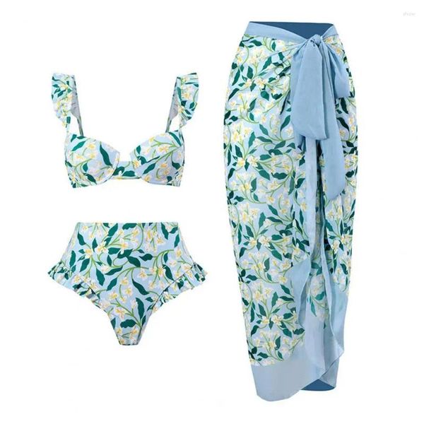 Bikini da bagno femminile da bagno con gonna da copertina della spiaggia bohemia in stile boemia manica arruffato a manica reggiseno a vita alta slip da nuoto cover-up