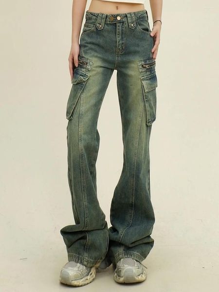 Abbigliamento da lavoro in difficoltà a tasca per le donne jeans per donne in primavera 2024 Adattata sciolta bf American retro largo gamba