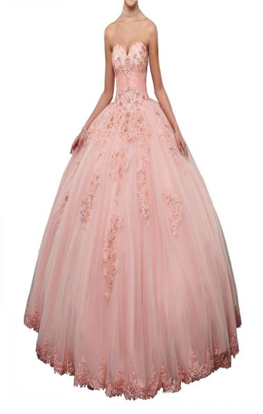 2019 Son Pembe Quinceanera Elbise Sevgilim Dantel Kristaller Boncuk Tül 16 Yıllık Kız Partisi Vestidos Balo Gown Corse Back7629458