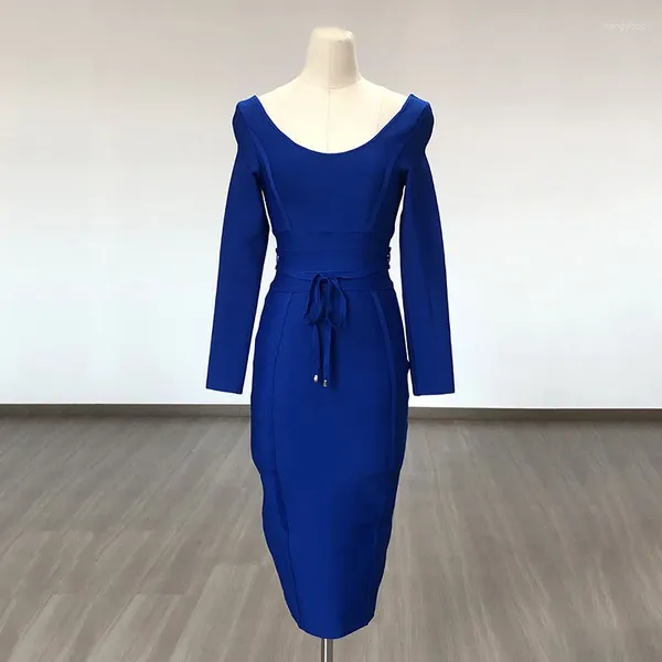 Lässige Kleider Langarm Mode sexy Nachtkleid für Frauen Royal Blue Belts Party Verband Knie Länge Prominente Geburtstag Outfits
